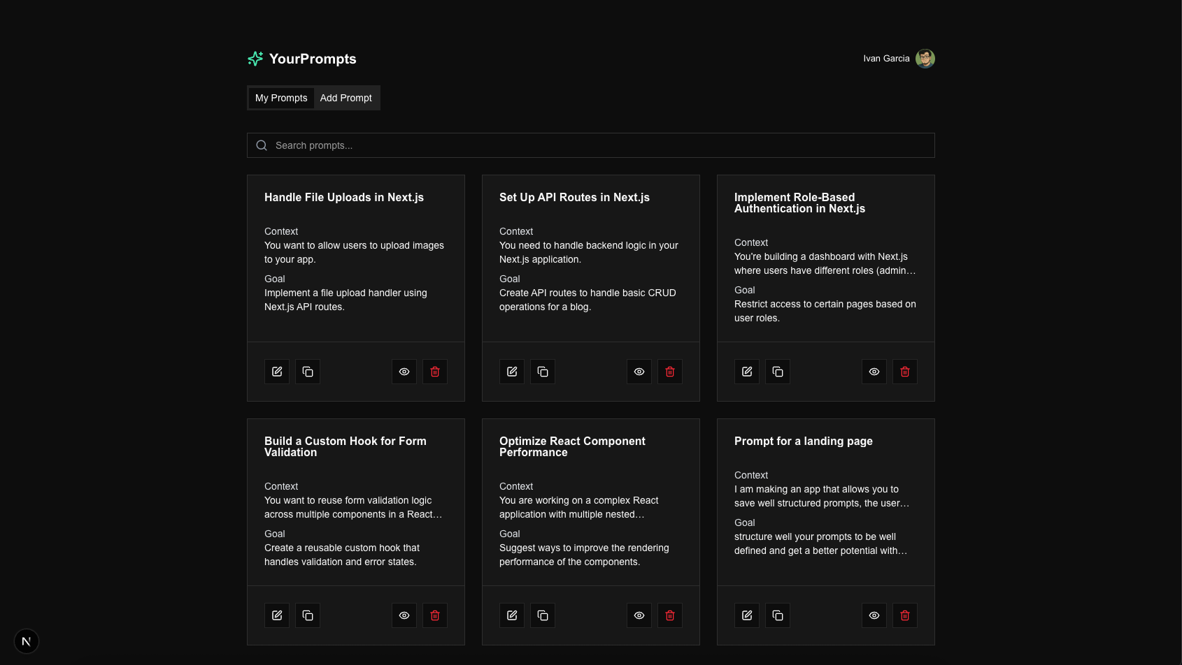 YourPrompts  dashboard showing prompt management interface